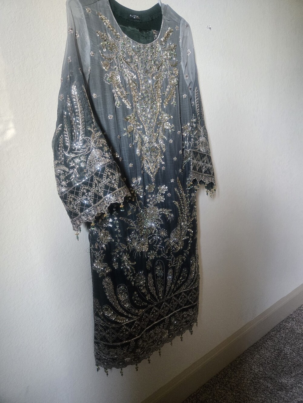 Dark Green 3 Pc Small Size and Champagne Color Beaded Dress